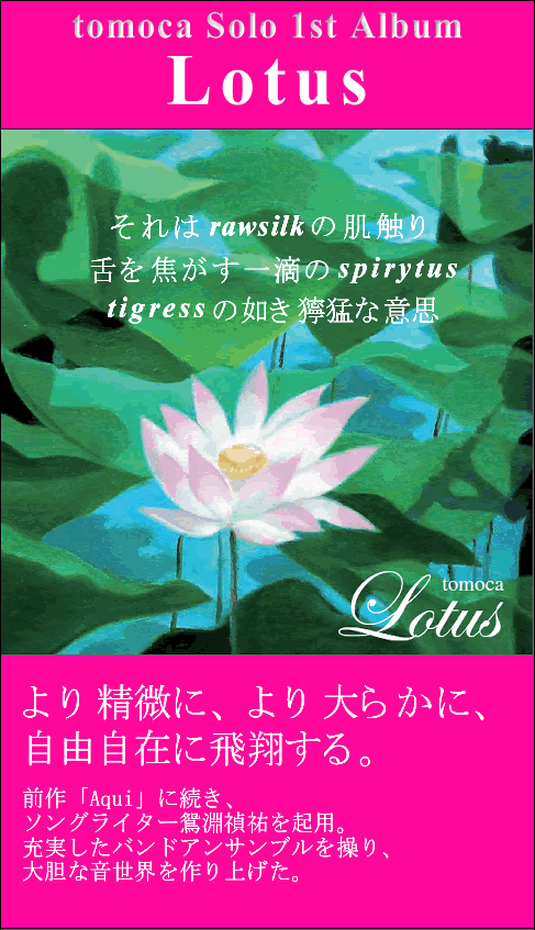tomoca Solo 1st Alubum Lotus  raw silk̔G łH spirytus tigres ̔@J҂Ȉӎv 萸ɁA炩ɁA݂ɔĂO『Aqui』ɑA\OC^[S( Ԃ Ă )NpB[ohATu𑀂A_ȉEグB